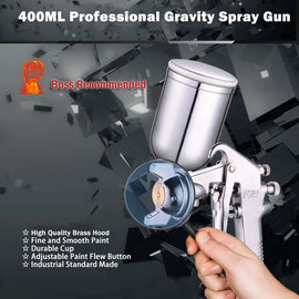 PROSTORMER Spray Gun – 400ML Pneumatic Airbrush Sprayer, Professional Alloy Painting Atomizer Tool with Hopper for Painting Cars - Father's Grip